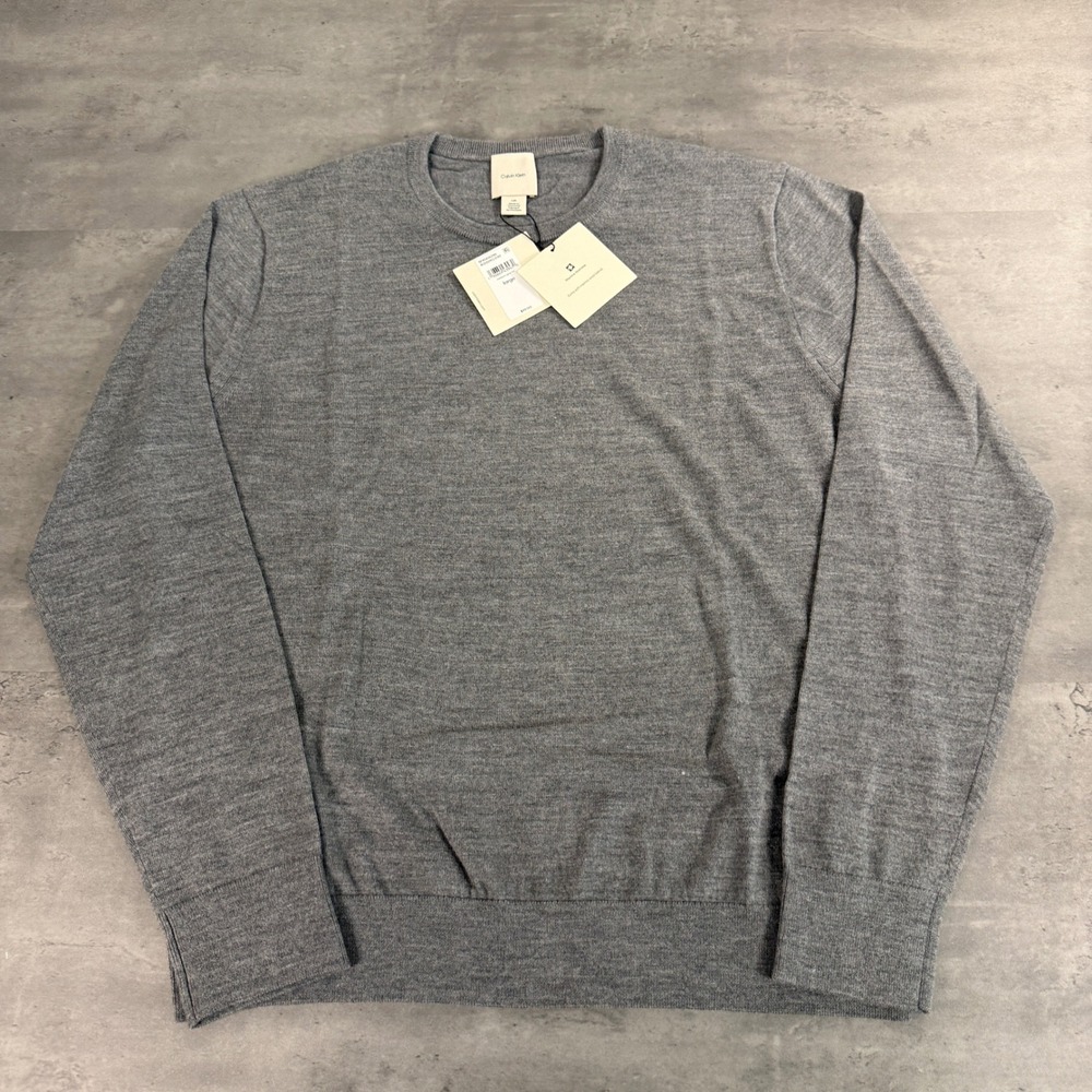 Calvin Klein Sweater Mens Large Grey Merino Wool Blend Crewneck NWT Knit $99